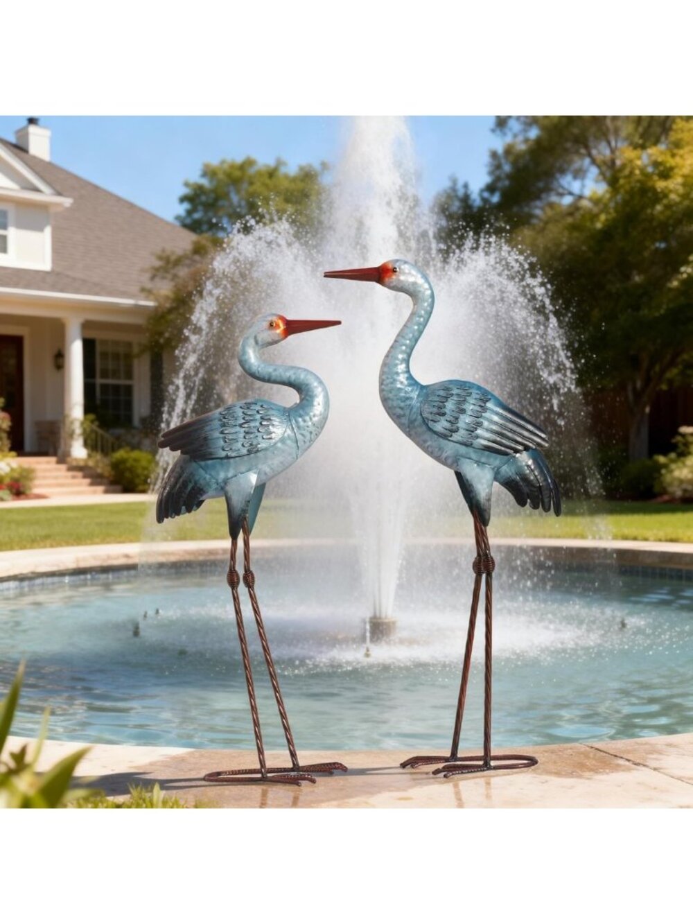 Elegant Metal Crane Sculptures - Blue Heron Garden Statues for Outdoor Decor